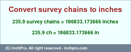 Result converting 235.9 survey chains to inches = 186833.173666 inches
