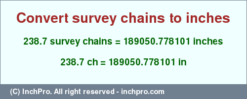 Result converting 238.7 survey chains to inches = 189050.778101 inches