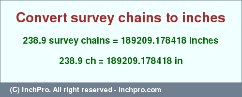 Result converting 238.9 survey chains to inches = 189209.178418 inches