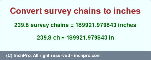 Result converting 239.8 survey chains to inches = 189921.979843 inches