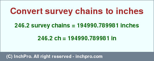 Result converting 246.2 survey chains to inches = 194990.789981 inches