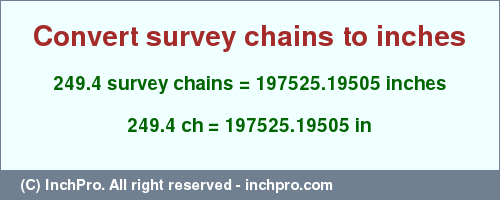 Result converting 249.4 survey chains to inches = 197525.19505 inches