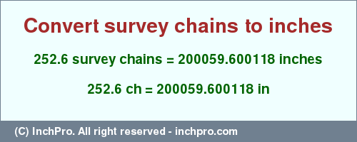 Result converting 252.6 survey chains to inches = 200059.600118 inches