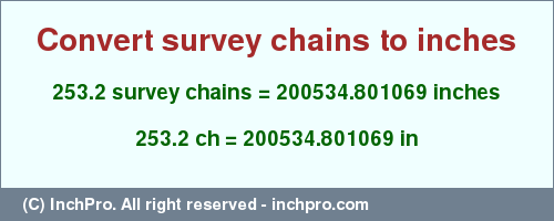 Result converting 253.2 survey chains to inches = 200534.801069 inches