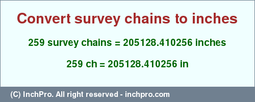 Result converting 259 survey chains to inches = 205128.410256 inches