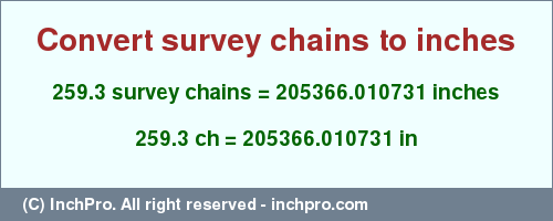 Result converting 259.3 survey chains to inches = 205366.010731 inches