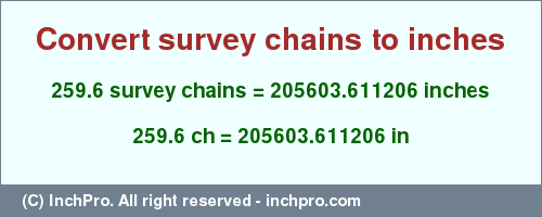 Result converting 259.6 survey chains to inches = 205603.611206 inches