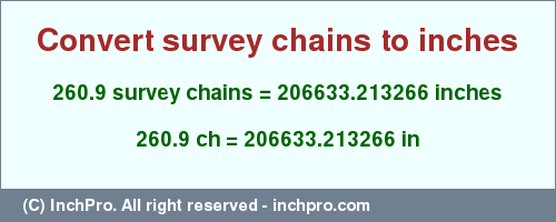 Result converting 260.9 survey chains to inches = 206633.213266 inches