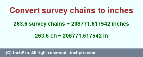 Result converting 263.6 survey chains to inches = 208771.617542 inches