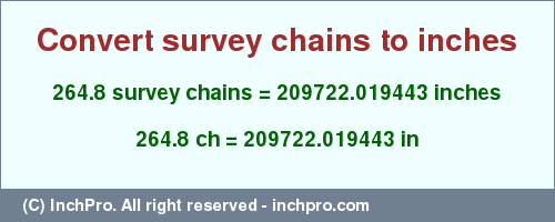 Result converting 264.8 survey chains to inches = 209722.019443 inches