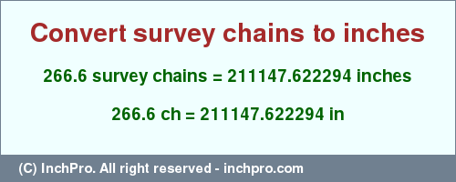 Result converting 266.6 survey chains to inches = 211147.622294 inches