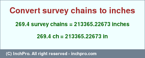 Result converting 269.4 survey chains to inches = 213365.22673 inches