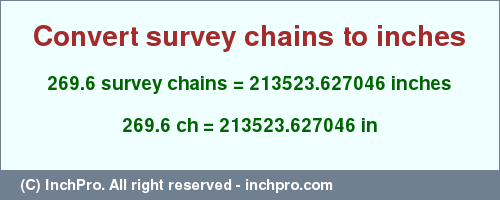 Result converting 269.6 survey chains to inches = 213523.627046 inches