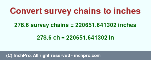Result converting 278.6 survey chains to inches = 220651.641302 inches