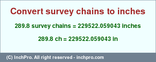 Result converting 289.8 survey chains to inches = 229522.059043 inches