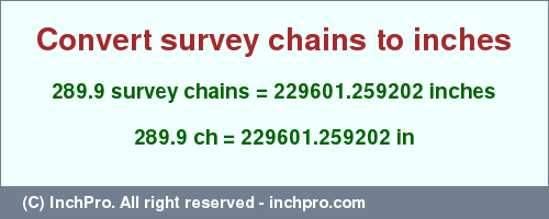 Result converting 289.9 survey chains to inches = 229601.259202 inches