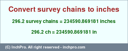 Result converting 296.2 survey chains to inches = 234590.869181 inches