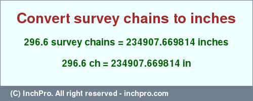 Result converting 296.6 survey chains to inches = 234907.669814 inches