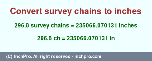 Result converting 296.8 survey chains to inches = 235066.070131 inches