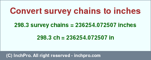 Result converting 298.3 survey chains to inches = 236254.072507 inches