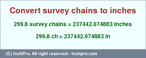 Result converting 299.8 survey chains to inches = 237442.074883 inches