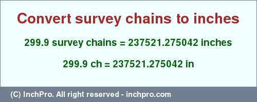 Result converting 299.9 survey chains to inches = 237521.275042 inches