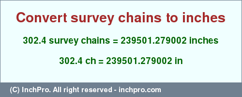 Result converting 302.4 survey chains to inches = 239501.279002 inches