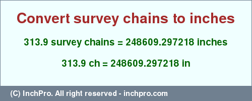 Result converting 313.9 survey chains to inches = 248609.297218 inches