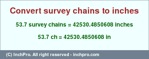 Result converting 53.7 survey chains to inches = 42530.4850608 inches