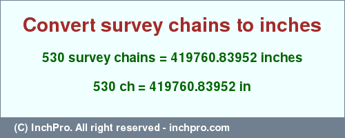 530 survey chains to inches is equal to 419760.83952 (in) Result converting 530 survey chains to inches = 419760.83952 inches