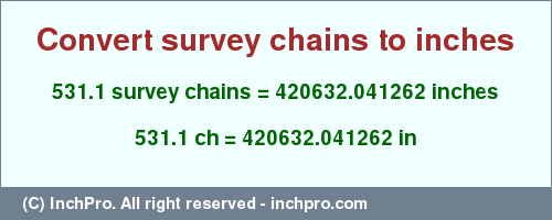 531.1 survey chains to inches is equal to 420632.041262 (in) Result converting 531.1 survey chains to inches = 420632.041262 inches