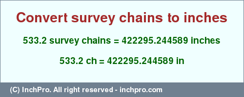 533.2 survey chains to inches is equal to 422295.244589 (in) Result converting 533.2 survey chains to inches = 422295.244589 inches