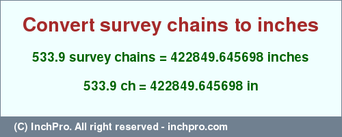 533.9 survey chains to inches is equal to 422849.645698 (in) Result converting 533.9 survey chains to inches = 422849.645698 inches