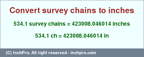 534.1 survey chains to inches is equal to 423008.046014 (in) Result converting 534.1 survey chains to inches = 423008.046014 inches