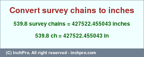 539.8 survey chains to inches is equal to 427522.455043 (in) Result converting 539.8 survey chains to inches = 427522.455043 inches