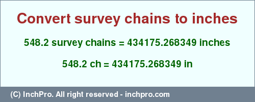 548.2 survey chains to inches is equal to 434175.268349 (in) Result converting 548.2 survey chains to inches = 434175.268349 inches