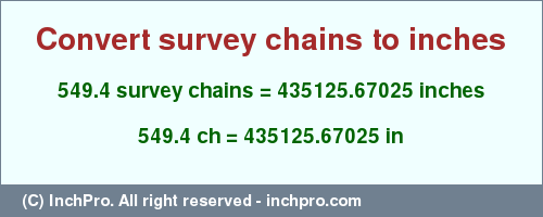 549.4 survey chains to inches is equal to 435125.67025 (in) Result converting 549.4 survey chains to inches = 435125.67025 inches