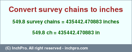 549.8 survey chains to inches is equal to 435442.470883 (in) Result converting 549.8 survey chains to inches = 435442.470883 inches
