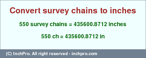 550 survey chains to inches is equal to 435600.8712 (in) Result converting 550 survey chains to inches = 435600.8712 inches