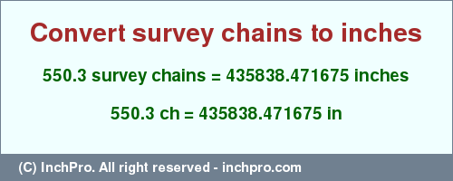 550.3 survey chains to inches is equal to 435838.471675 (in) Result converting 550.3 survey chains to inches = 435838.471675 inches