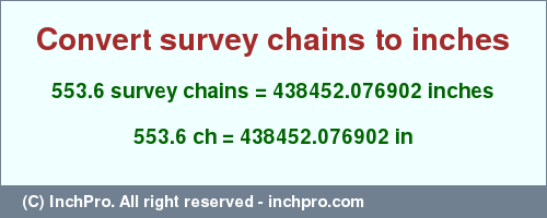553.6 survey chains to inches is equal to 438452.076902 (in) Result converting 553.6 survey chains to inches = 438452.076902 inches