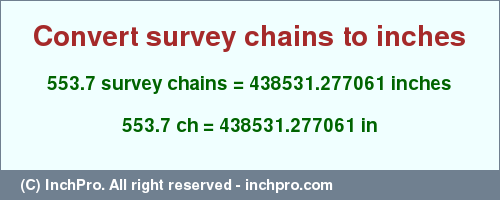 553.7 survey chains to inches is equal to 438531.277061 (in) Result converting 553.7 survey chains to inches = 438531.277061 inches