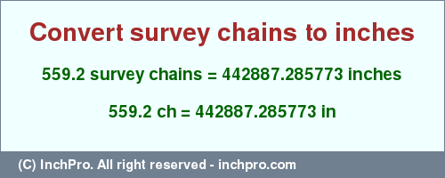 Result converting 559.2 survey chains to inches = 442887.285773 inches
