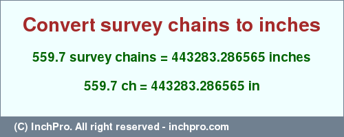 Result converting 559.7 survey chains to inches = 443283.286565 inches