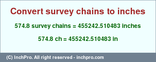 Result converting 574.8 survey chains to inches = 455242.510483 inches