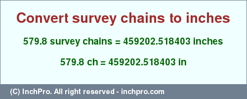 Result converting 579.8 survey chains to inches = 459202.518403 inches