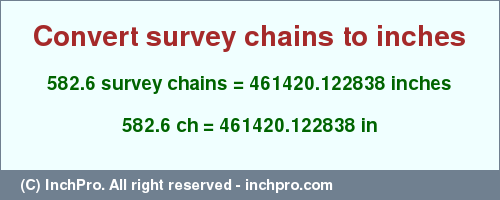 Result converting 582.6 survey chains to inches = 461420.122838 inches