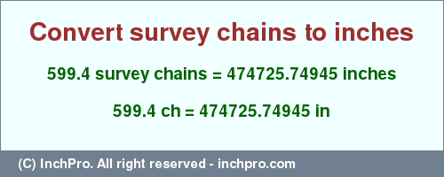 Result converting 599.4 survey chains to inches = 474725.74945 inches