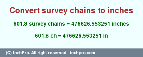 Result converting 601.8 survey chains to inches = 476626.553251 inches