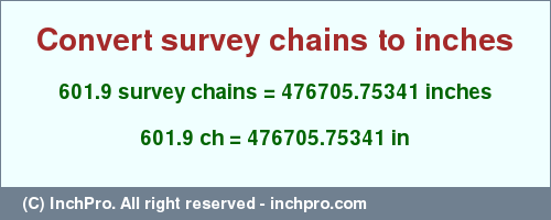 Result converting 601.9 survey chains to inches = 476705.75341 inches